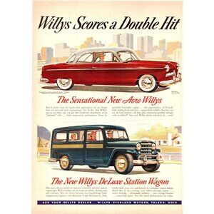 1952 Willys Aero Ace and Deluxe Station Wagon Vintage Print Ad 50s Wall Art